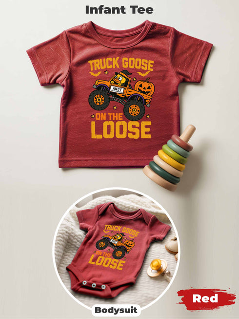 Personalized Baby “Truck Goose On The Loose” Halloween Outfit – Custom Bodysuit & Infant Tee